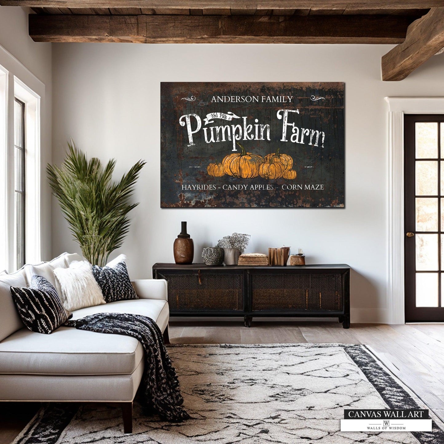 Boho Cottage Fall Sign - Personalized Name Chippy Canvas Pumpkin Farm Sign