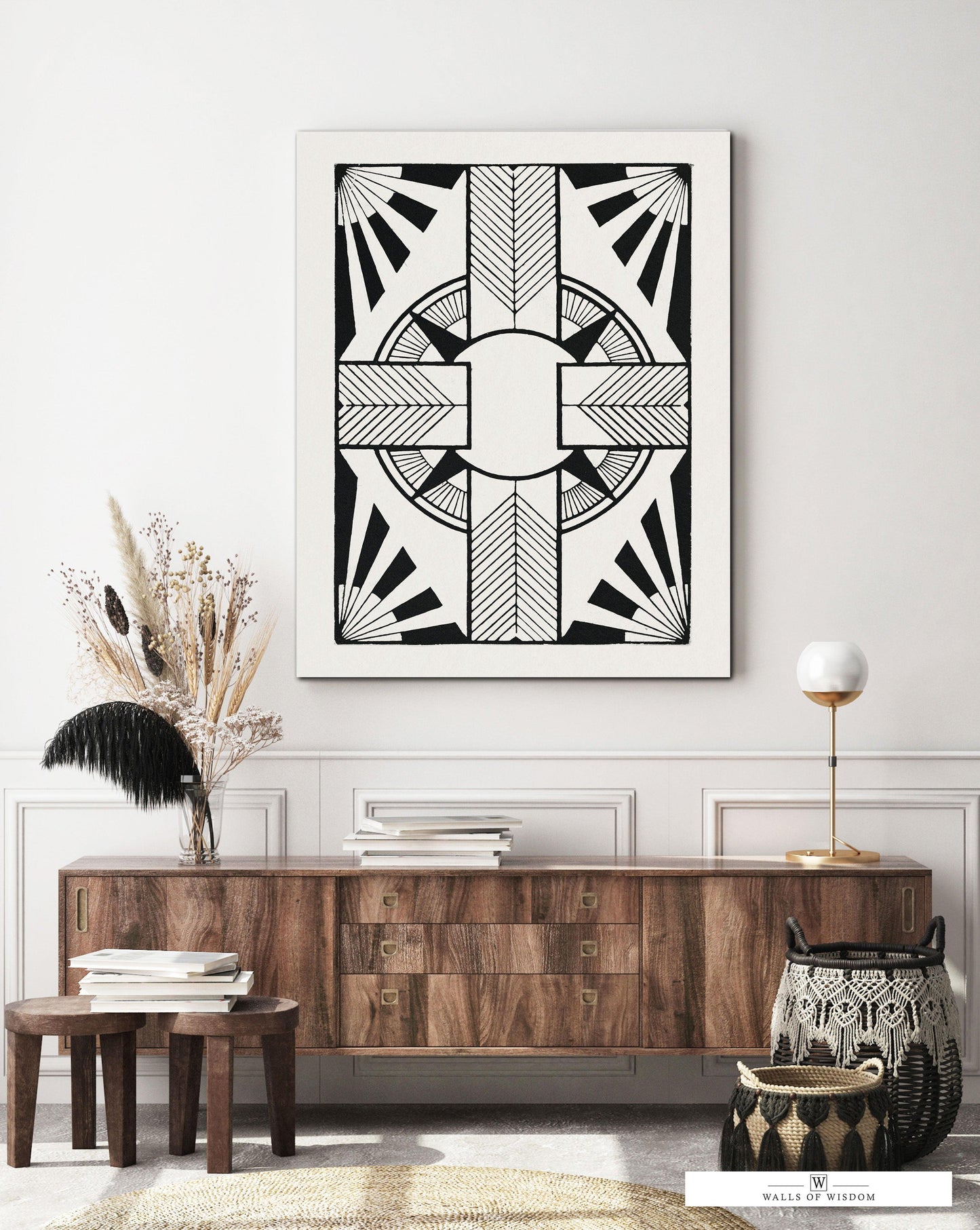 Southwest Abstract Cross Black and White Canvas Print with Vintage Ornament